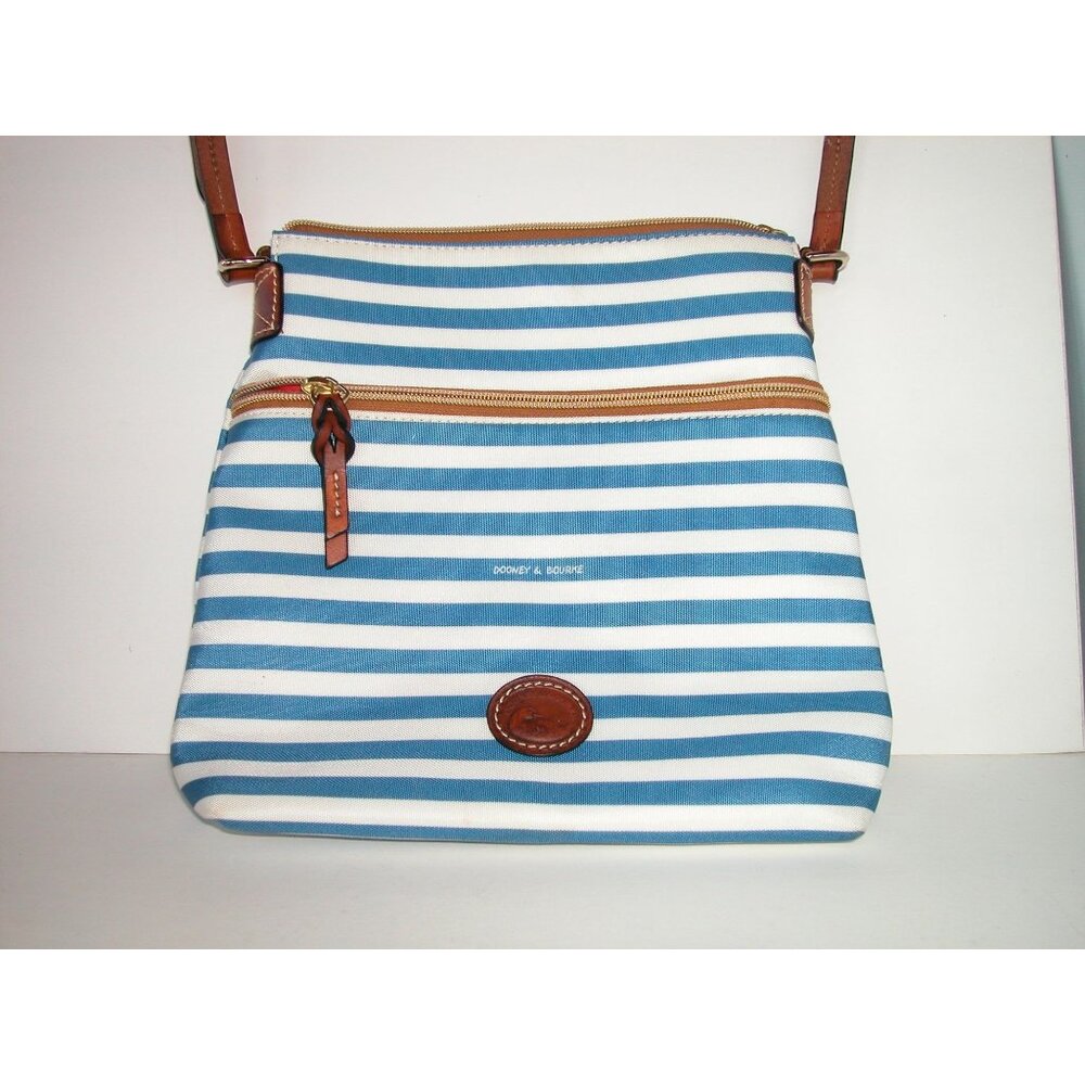 Dooney & Bourke Blue & White Striped Crossbody Bag Leather Trim Adjustable Strap